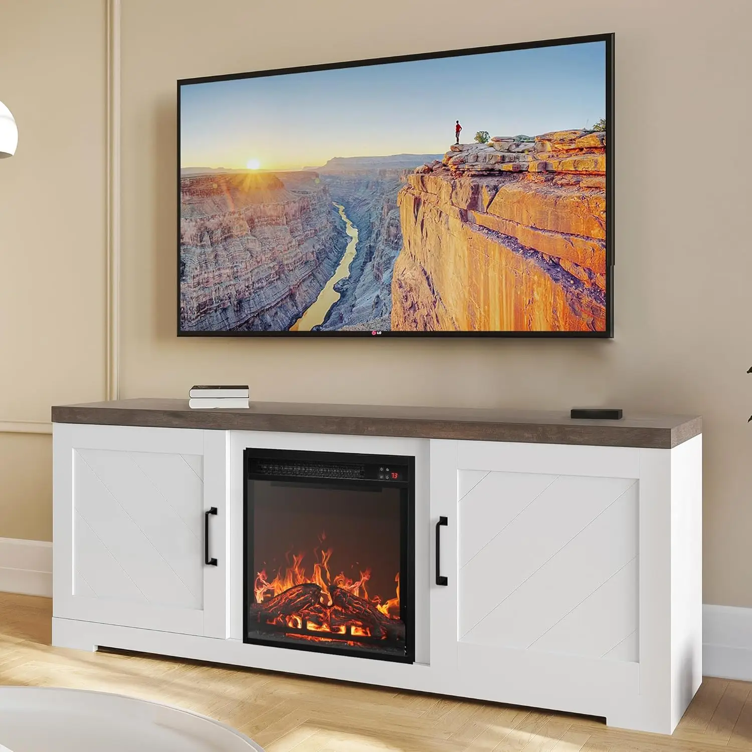 

Modern 58" Farmhouse TV Stand with 18" Electric Fireplace Heater & Media Entertainment Center for TV up to 65", Console Table