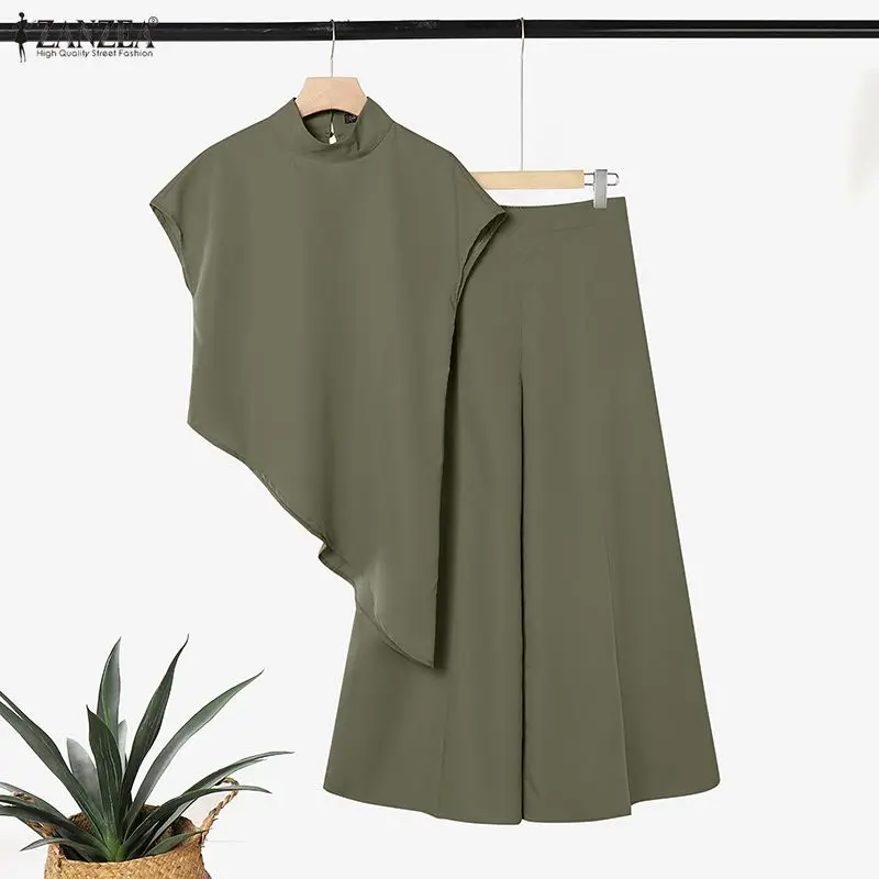 Stilvolle Sommer-Zweiteiler-Sets von ZANZEA für Damen: Oberteile mit Stehkragen, Kurzen Ärmeln und Unregelmäßigem Saum, Weite Hosen, Elegante Büro-Outfits – Detail 11