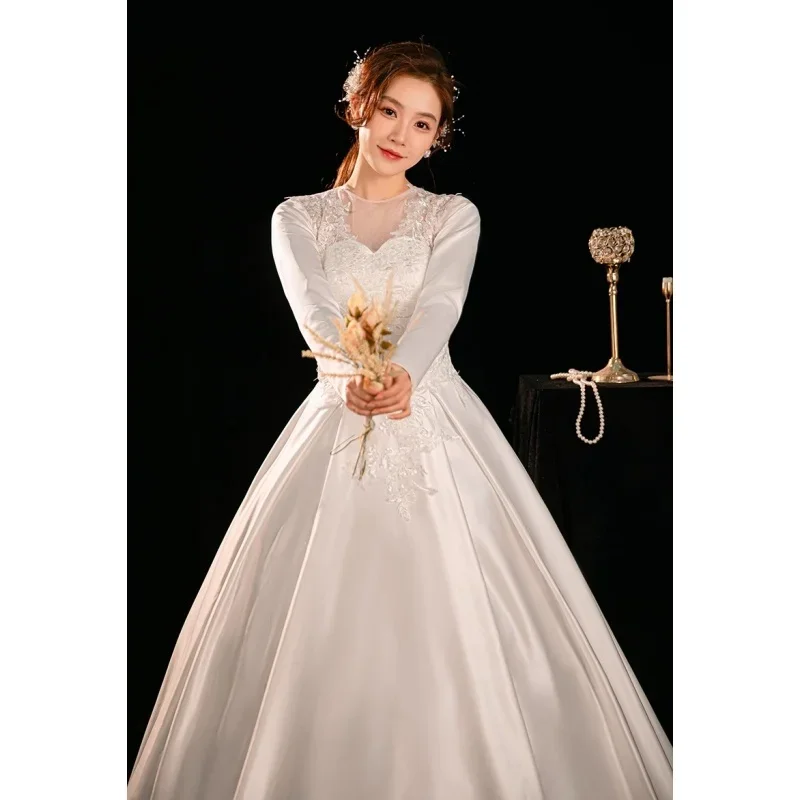 Cheap Wedding Dresses White Satin Appliques O-neck Full Sleeves Lace up Princess Floor-length Plus size Bride Ball Gowns XN168