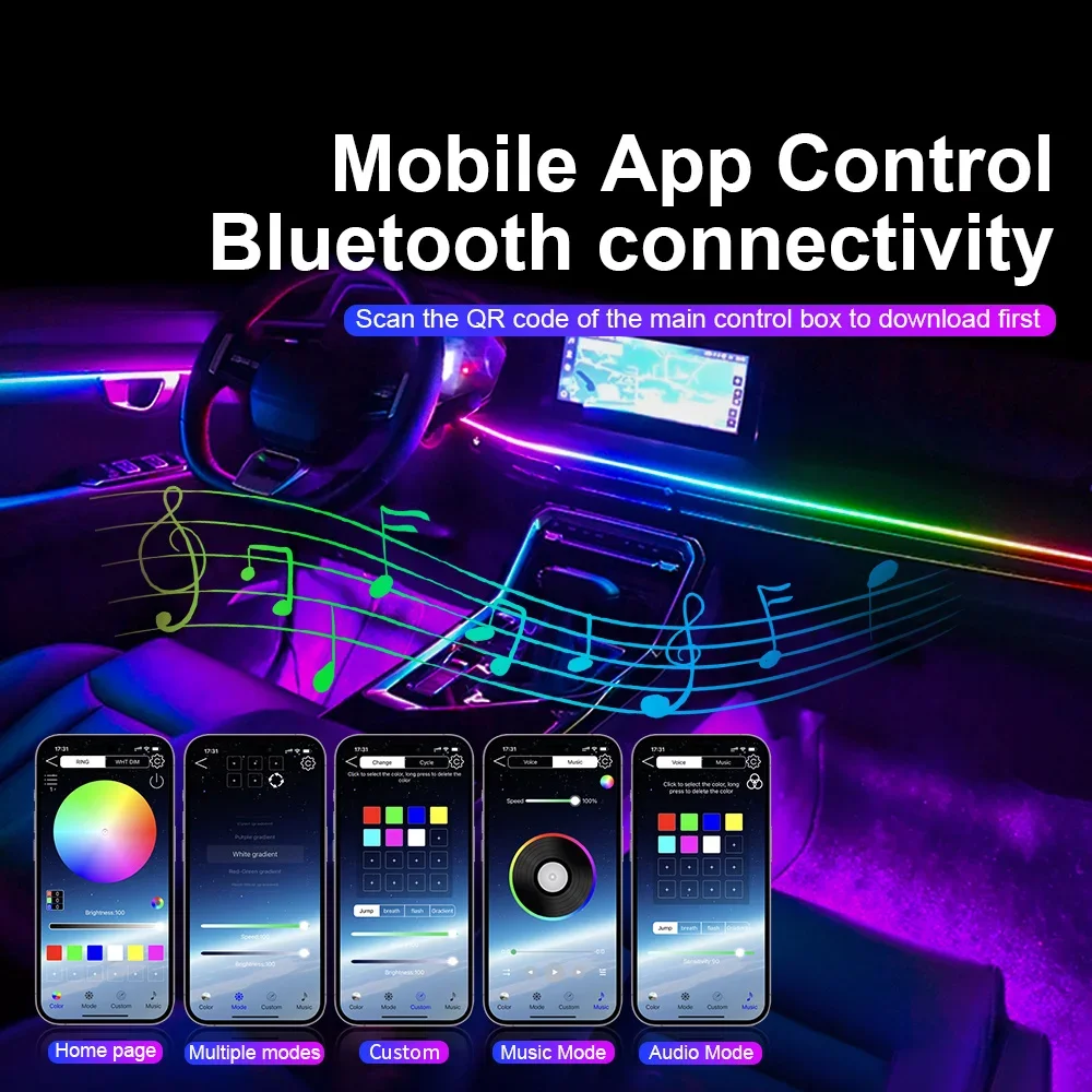 10/14/18 in 1 Led Car Ambient Lights 213 64 Color RGB Symphony Streamer Bluetooth Rainbow Acrylic Strips Atmosphere Lamp Kit 12V - view 3