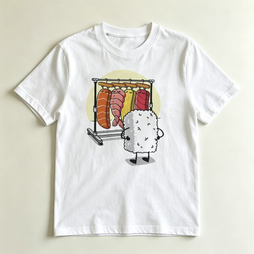 Sushi Rice Hanging Sashimi Cartoon Graphic T Shirt Japanese Food Print Tee Soft Cotton Short Sleeve Women Food Lover Tops