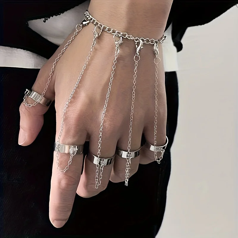 Fashion Finger Ring Bracelet for Men & Women Adjustable Open Band Ring with Connecting Chain Trendy Hip Hop Street Style Jewelry