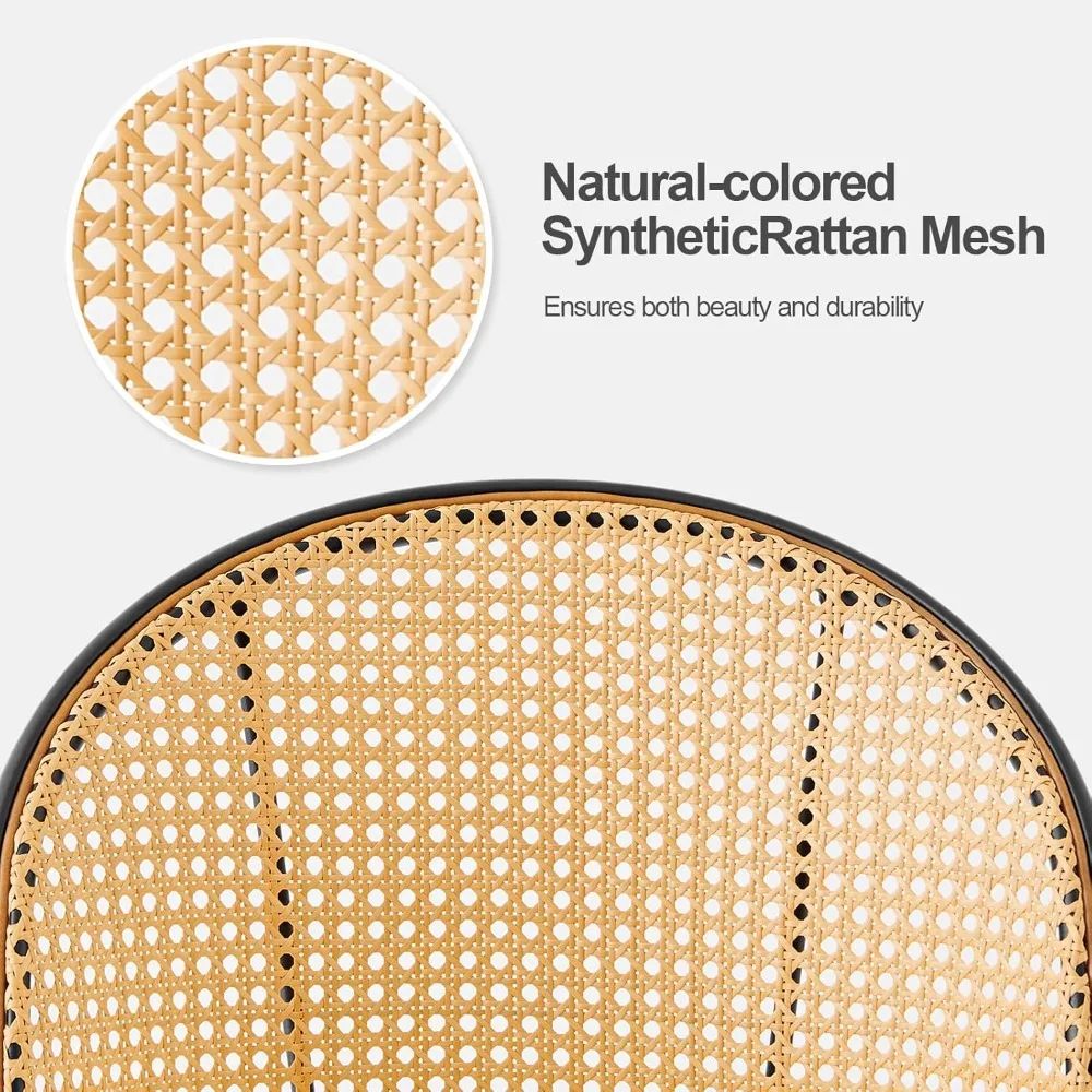 Zestaw 3 czarnych stołków barowych Bekrvio, obrotowe stołki barowe z rattanowym oparciem i metalowymi nogami, stołki barowe o wysokości blatu z 26 cm wysokości, tapicerowane skórą PU.