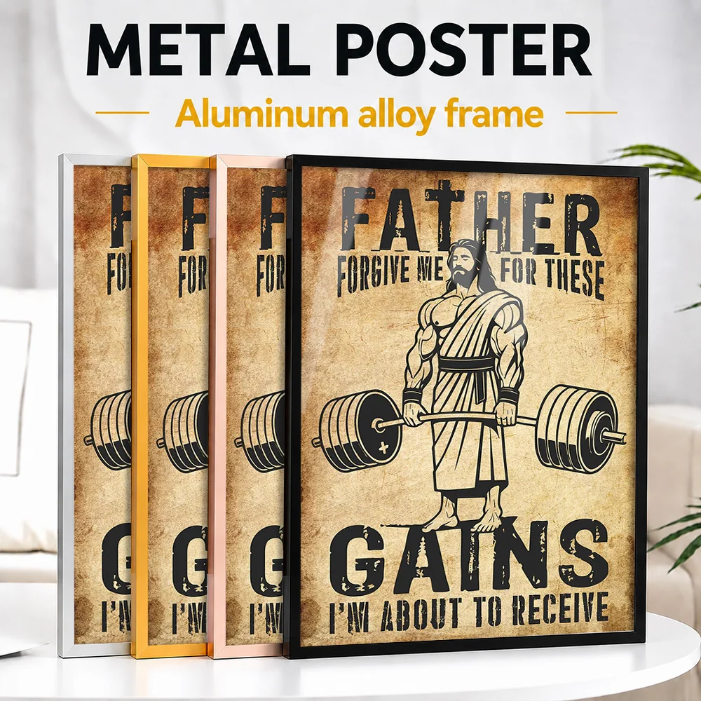 Jesus Lifting Barbell Funny Gains Quote Framed Metal Print Personalized Vintage Style Wall Art For Home Gym And Fitness Studio
