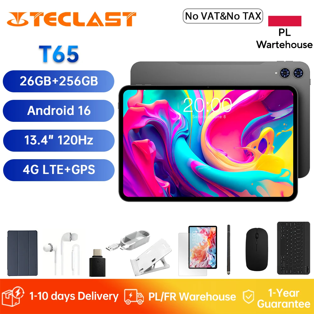 TECLAST T65 Pad Table Unisoc T7280 26GB RAM (6GB+20GB) 256GB ROM 120Hz Display Android 16 8000mAh WiFi 4G LTE Global version