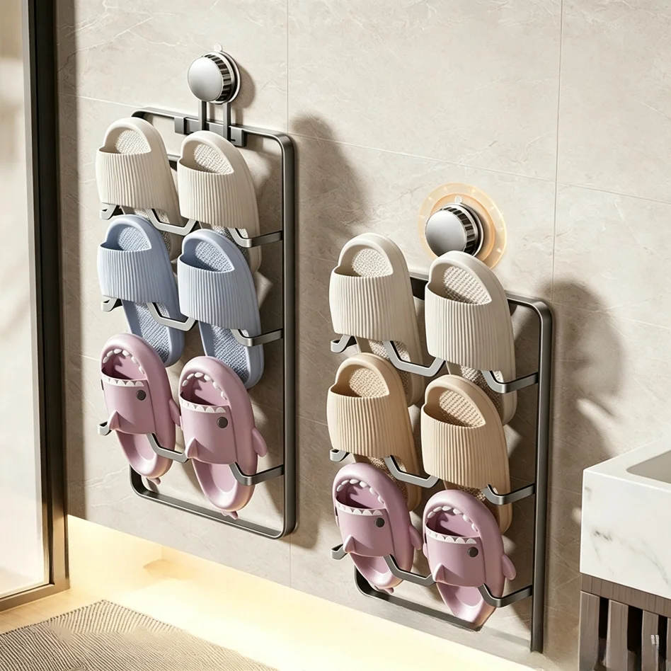 2/3/4 Tier Punch‑Free Suction Cup Slipper Rack Carbon Steel Wall Mount Shoe Organizer Hollow Drainage Design For Bathroom Behind