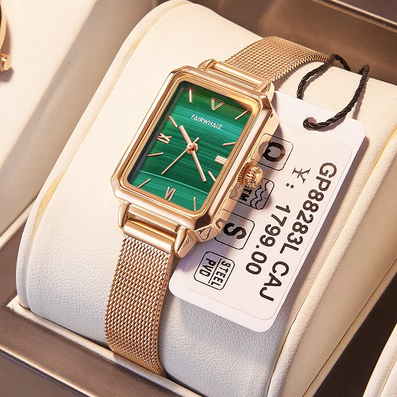 Fairwhale 3270 Women's Waterproof Retro Fashion Quartz Watch Small Rectangle Green Dial Designed for Ladies