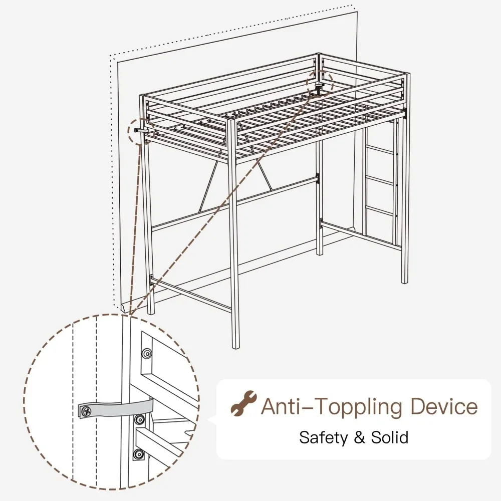 Cama alta de tamanho duplo, cama dupla de metal multifuncional com proteção de segurança e escada removível, estrutura de cama que economiza espaço para camas de quarto