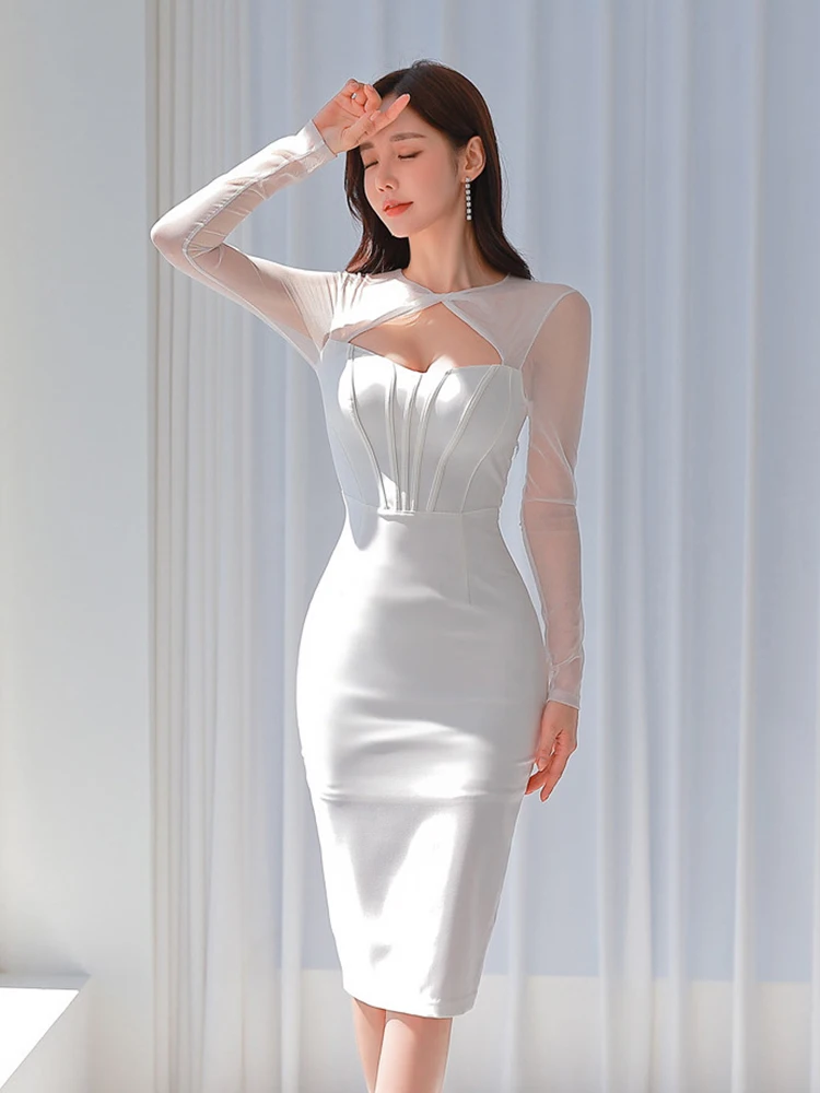 

Korean Fashion Ladies Solid Evening One Piece Dress Women Clothing Elegant Sheer Sexy Slim Midi Party Prom Robe Mujer Vestidos