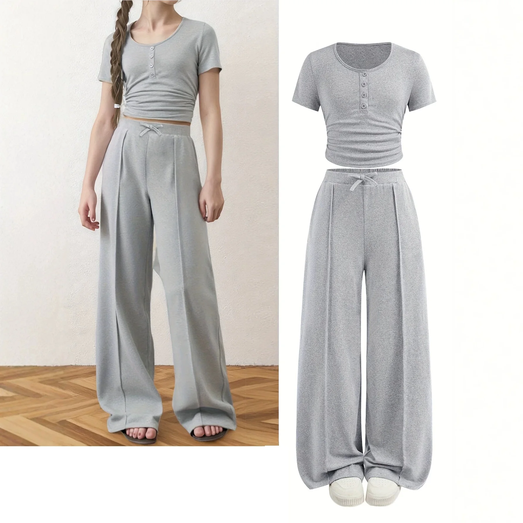 2026 summer girls Children set short sleeve Teenager grey crop top t shirt  + thin short wide leg long pants 4 5 8 10 12 14 year