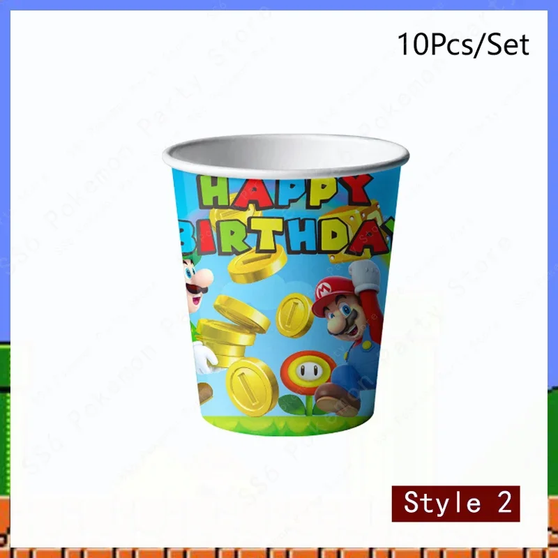 Super Mario Bros วันเกิดตกแต่ง Party Disposable Tableware Baby Shower ถ้วยกระดาษผ้าปูโต๊ะแผ่นกระเป๋าผ้าเช็ดปากชุด