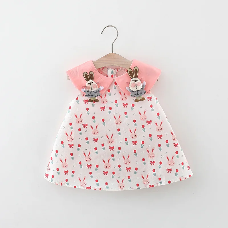 Girls Summer Dress Cute Doll Neck Little Rabbit Printed Sleeveless Cotton Skirt Suitable for Children Aged 80-110