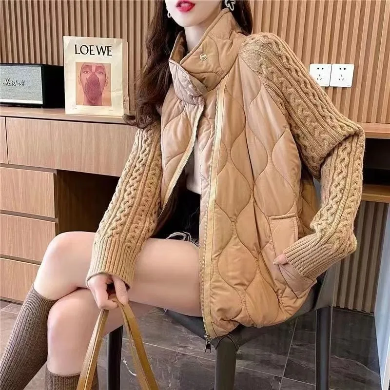 Women's Autumn Winter Tops Coat Long Sleeve Cotton Clothes Sweater Cardigan Splicing Standing Collar Knit Zipper Slim Simple New