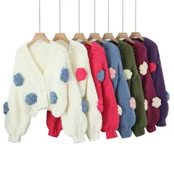 7 colors Sweet Hand Crochet 3D Flower Ball Cardigan Holiday V neck Full Lantern Sleeve Knitting Sweater Knitwear Loose Jumper