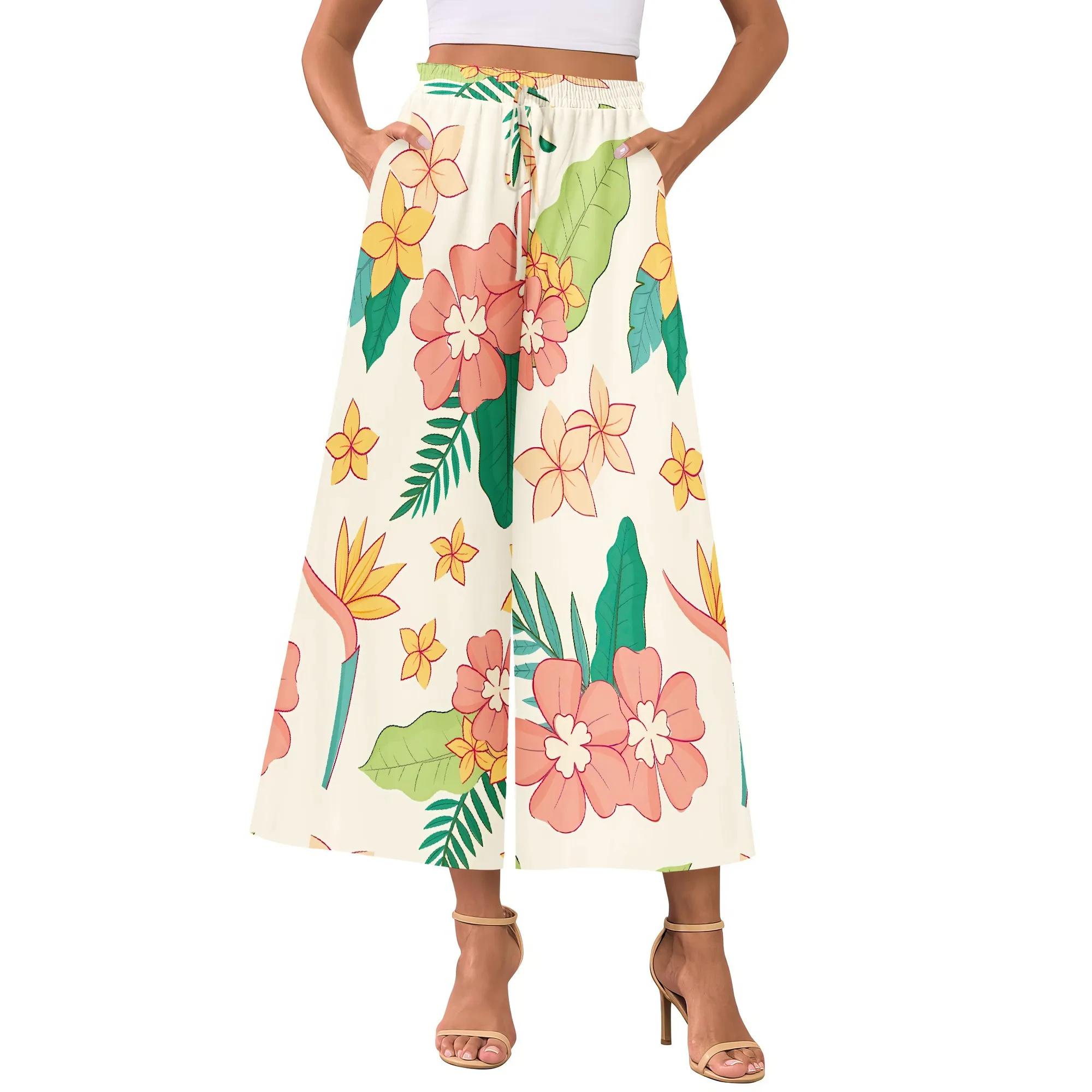 

Женская одежда весна/лето 2024, новые повседневные облегающие брюки с высокой талией и цветочным принтом, модные широкие пляжные брюки