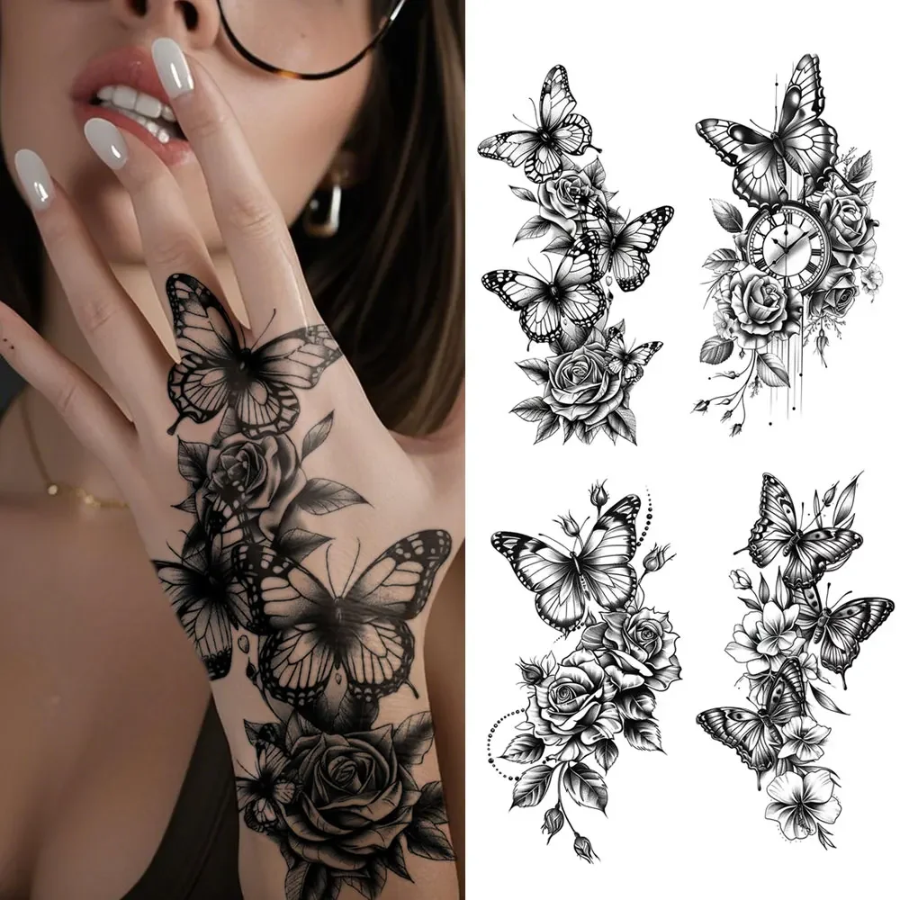 

4pcs Waterproof Temporary Tattoo Sticker Black Butterfly Clock Rose Lily Peony Flower Body Art Arm Fake Tattoos Sleev Women Men
