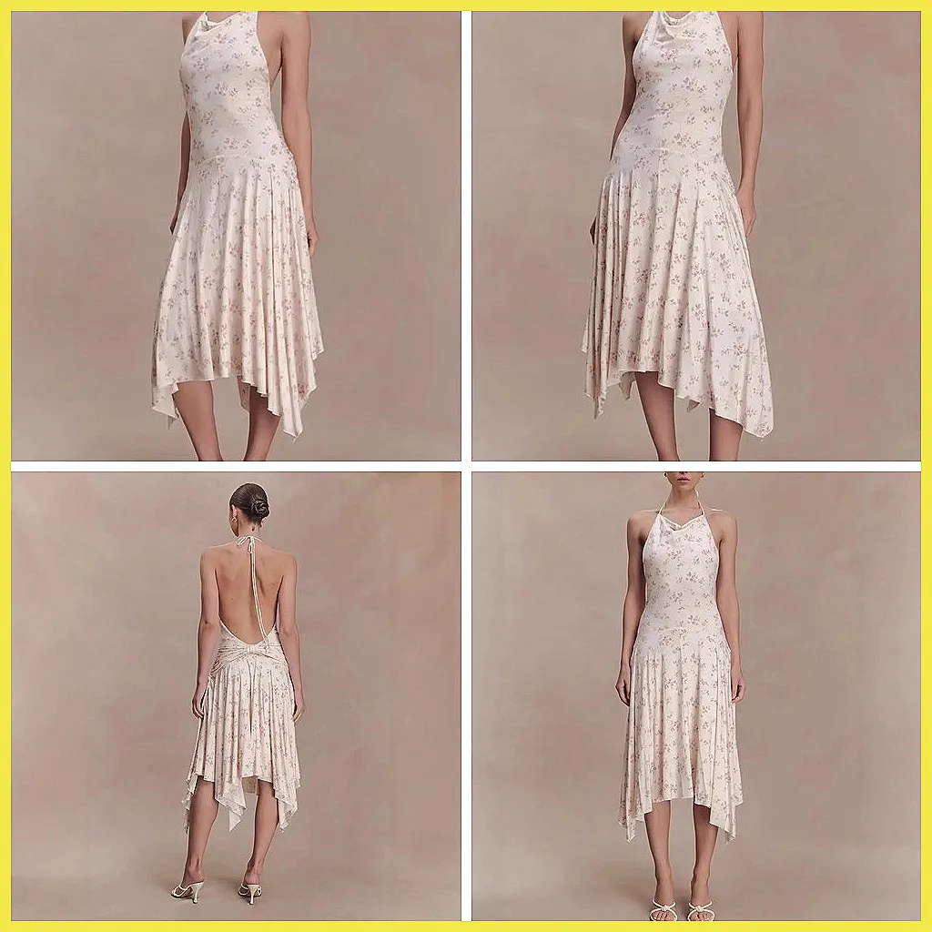 

Elegant Floral Print Backless Halter Dress, Off-Shoulder Midi Party Gown for Women 2026