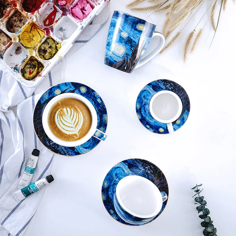 Star European High-end Coffee Cup Dish Set Oil Painting Creative Art Latte Breakfast Cup Afternoon Tea Mug Kitchen Tableware