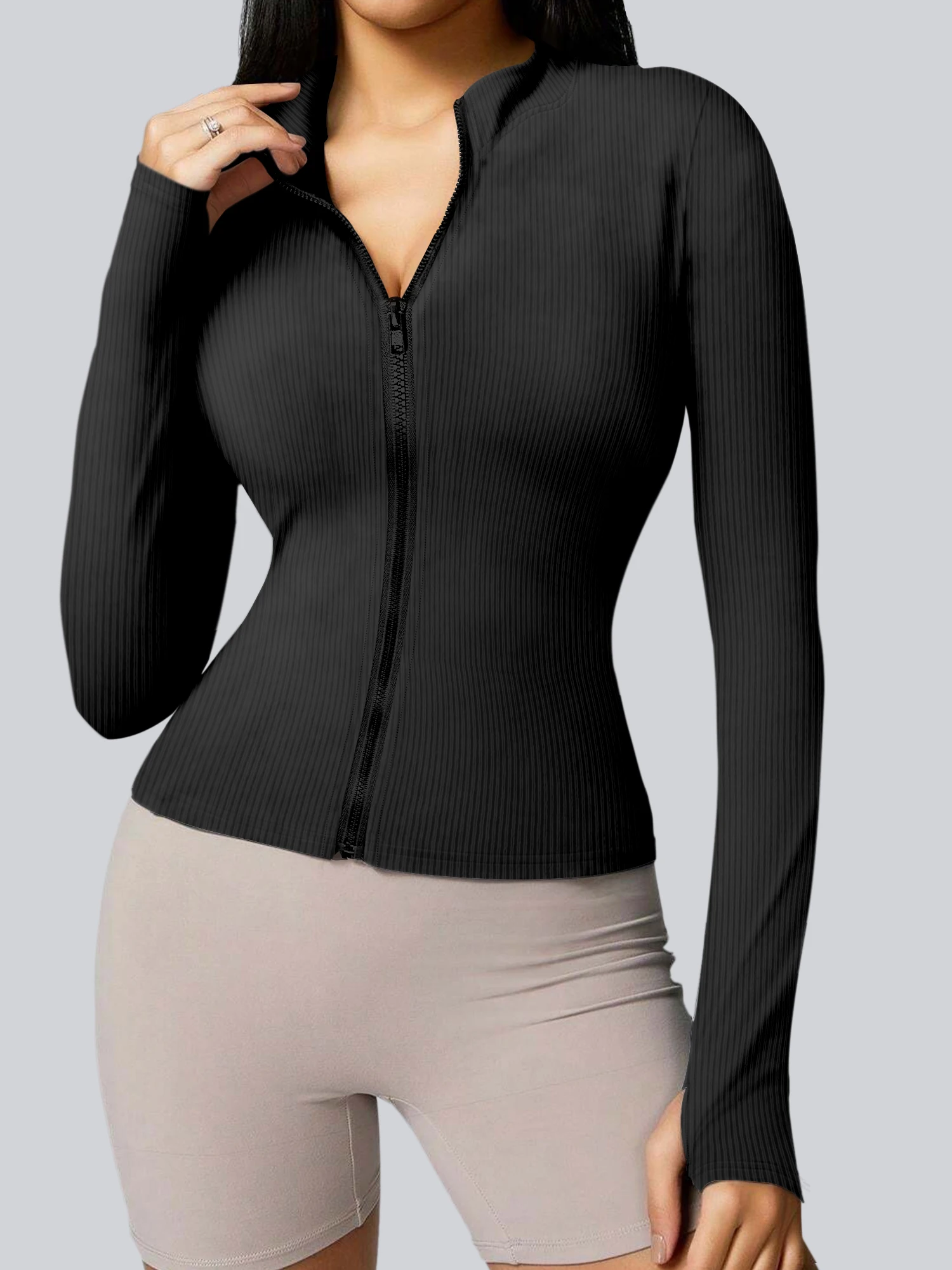 

High Elastic Ribbed Mock Neck Zip-Up Short Jacket Y2K Slim Fit Long Sleeve Top Versatile Commuting Casual Yoga Cardigan