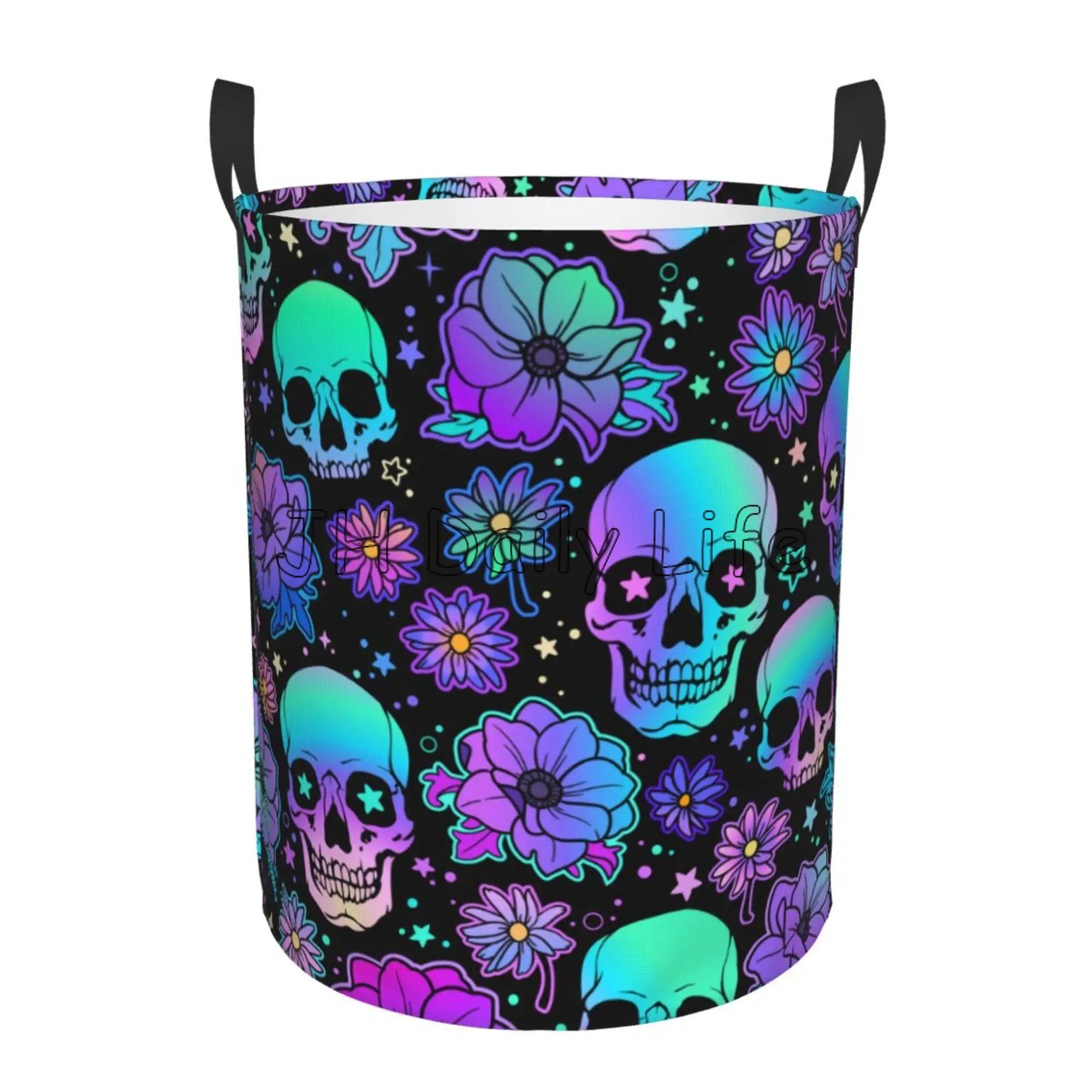 Bright Skulls Flowers Print Circular Hamper Clothes Storage Bucket Storage Bagcollapsible Laundry Basket