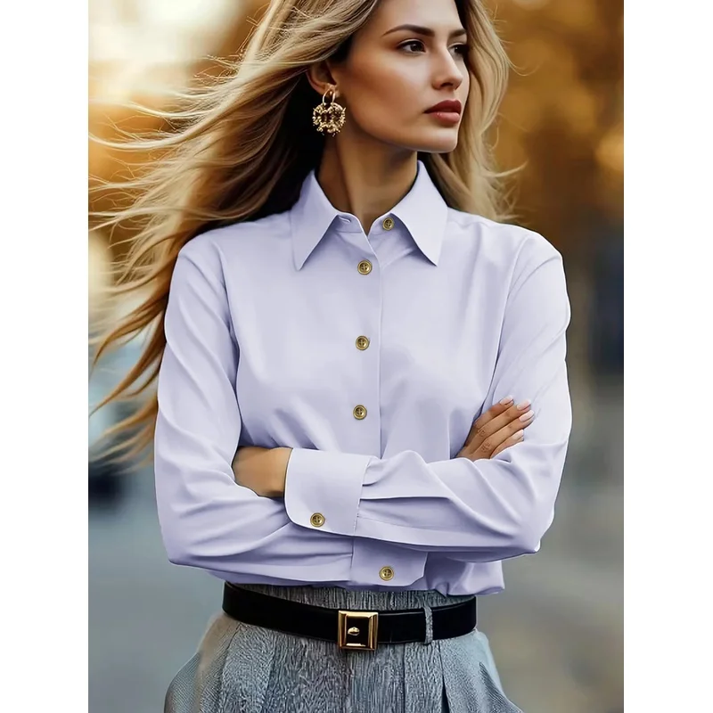 Women's Light Purple Button Down Shirt Long Sleeve Turn Down Collar Gold Button Detail Office Work Blouse