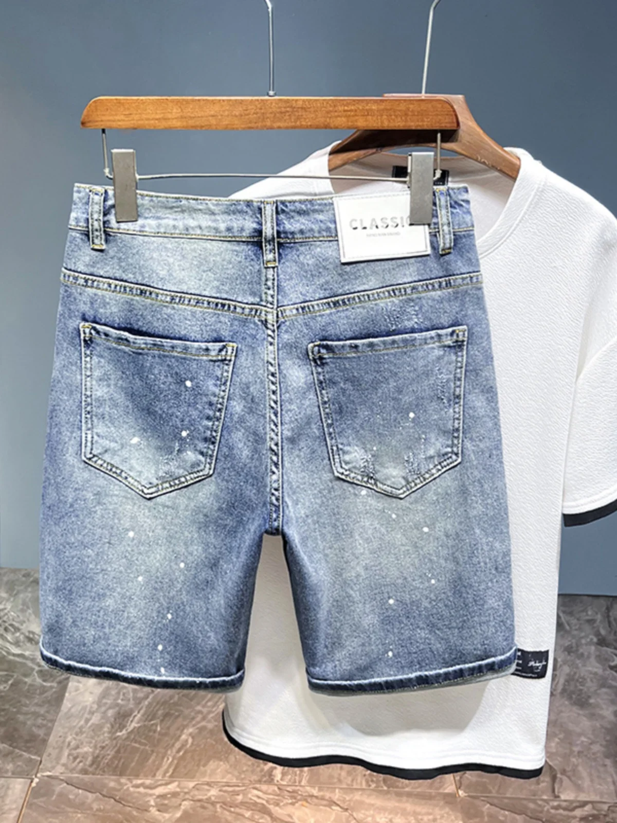 Summer Thin Customized Color Painted Ripped Denim Shorts Men's Trendy Elastic Slim Straight Casual Five-Point Middle Pants
