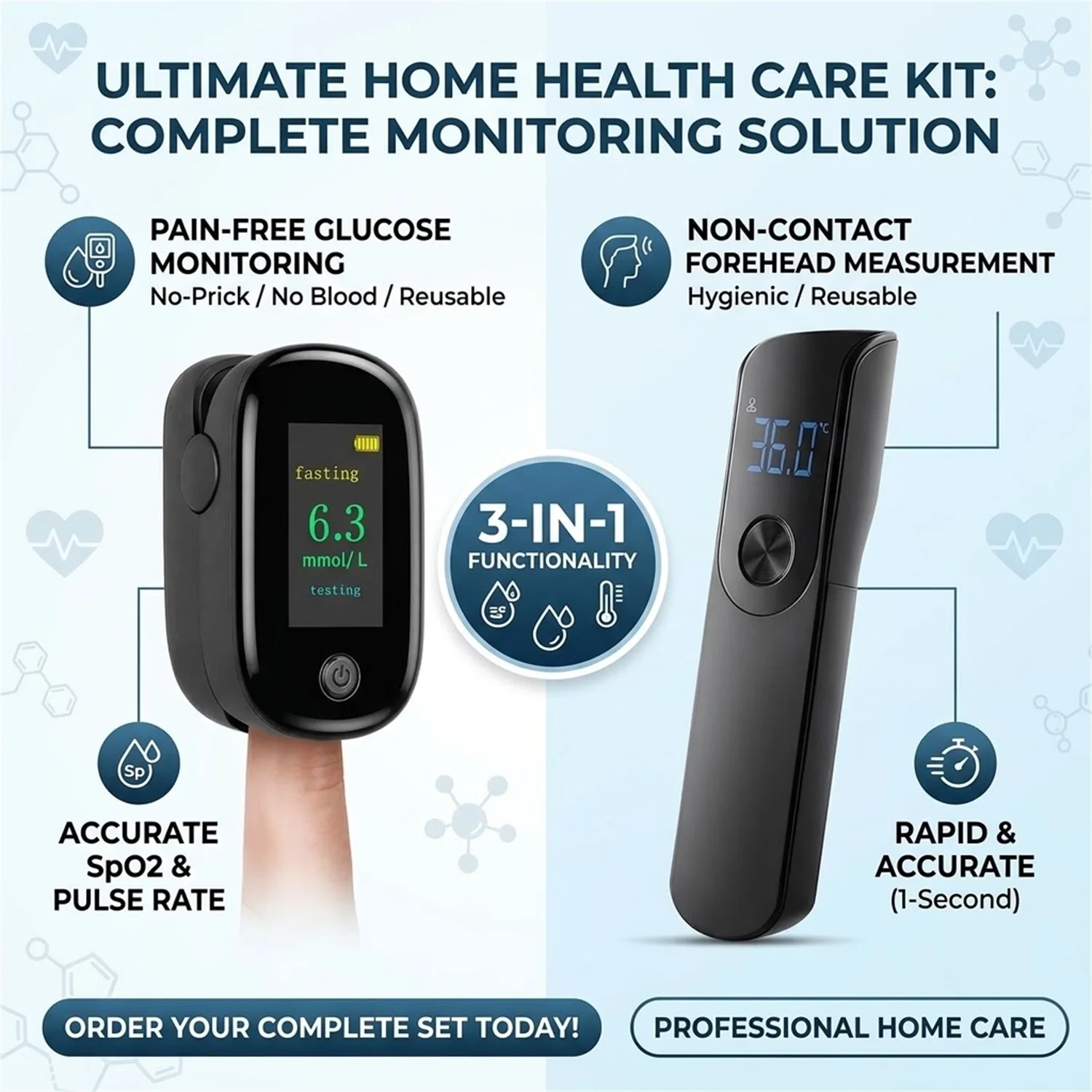 3 in 1 Health Monitor Kit,2-in-1 No Finger Prick Blood Glucose & Pulse Oximeter/Non-Contact Forehead Thermometer,Health Care Set