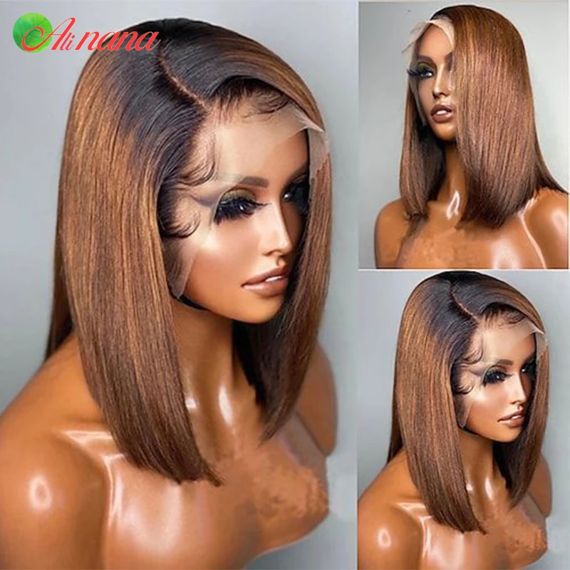 180% Density Ombre Reddish Brown Colored 13x4 Lace Frontal Wig Human Hair Wig Remy Bone Straight Short Bob Wig For Black Women