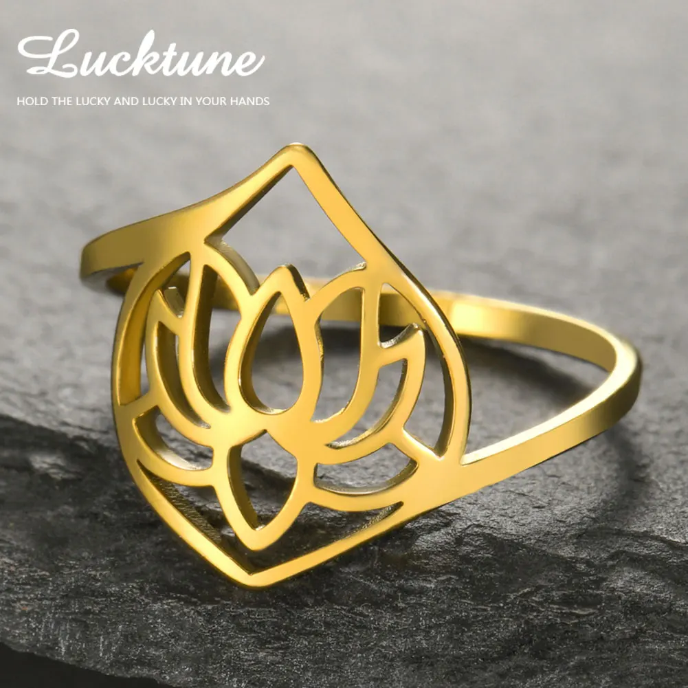 Lucktune Yoga Lotus Flower Rings Stainless Steel Gold Color Rings for Women Buddhism Hindu Meditation Spiritual Jewelry Gifts