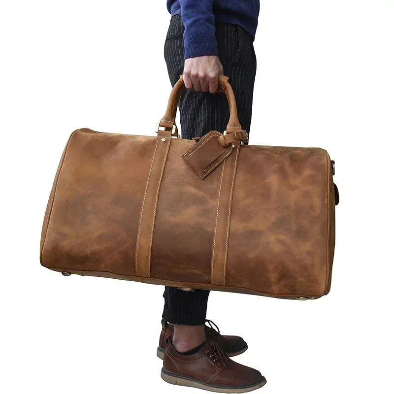 Crazy Horse Leather Travel Luggage Bag 24 inch Leather Travel Duffle Bag Vintage weekender bags of male men carry on bags Large