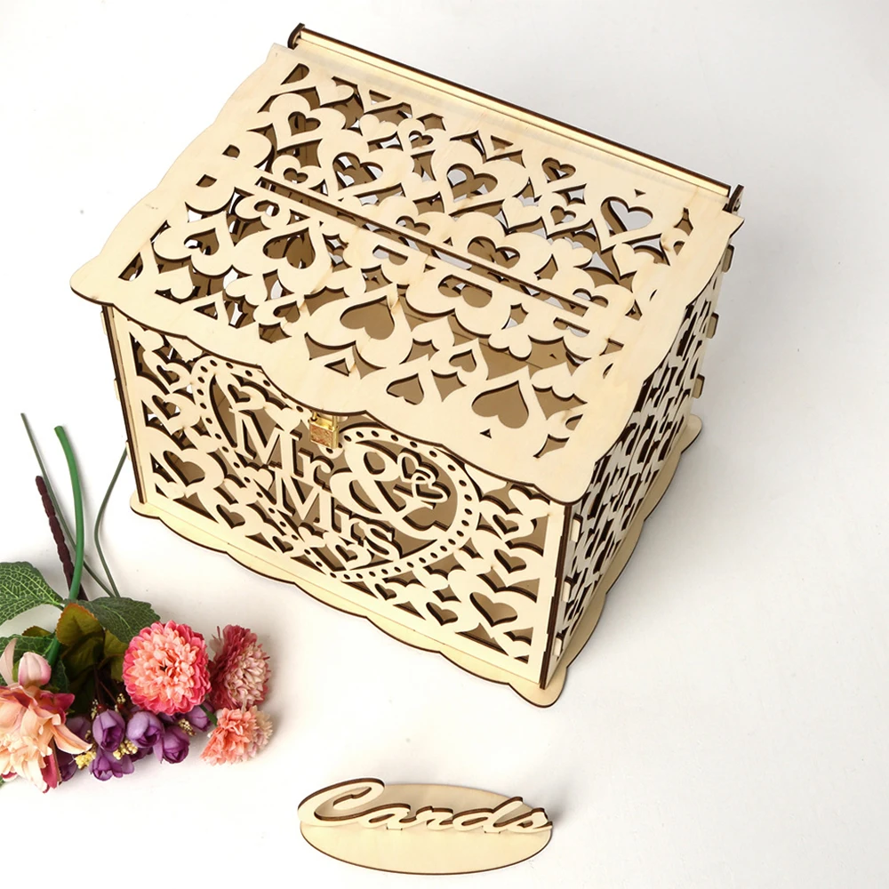 Wooden Business Card Box Mr. Mrs. Sign In Carving Box Wedding Supplies Home Decor Interior Accessories