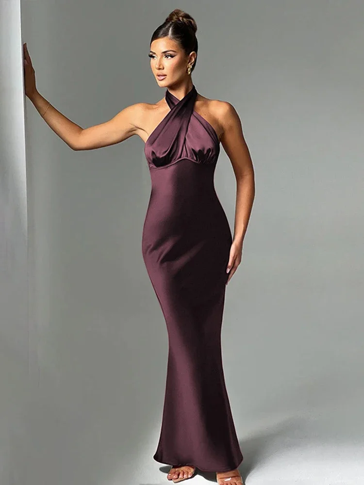 BWQ Elegant Maxi Long Slim Bodycon Dress Women Halter 2024 Spring Summer Dress Backless Nightcklub Sexy Party Dresses
