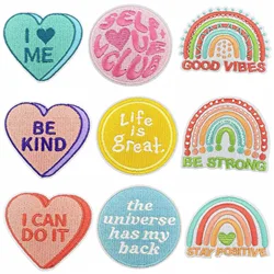 10pcs Embroidery Rainbow Heart Patches Iron On English Logo DIY Clothes Backpack Badge Appliques Wholesale