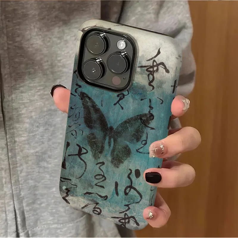 حافظة لهاتف آيفون 16 15 14 11 12 13 Pro Max Plus من الفن الشرقي مستوحاة من الفراشة والخط