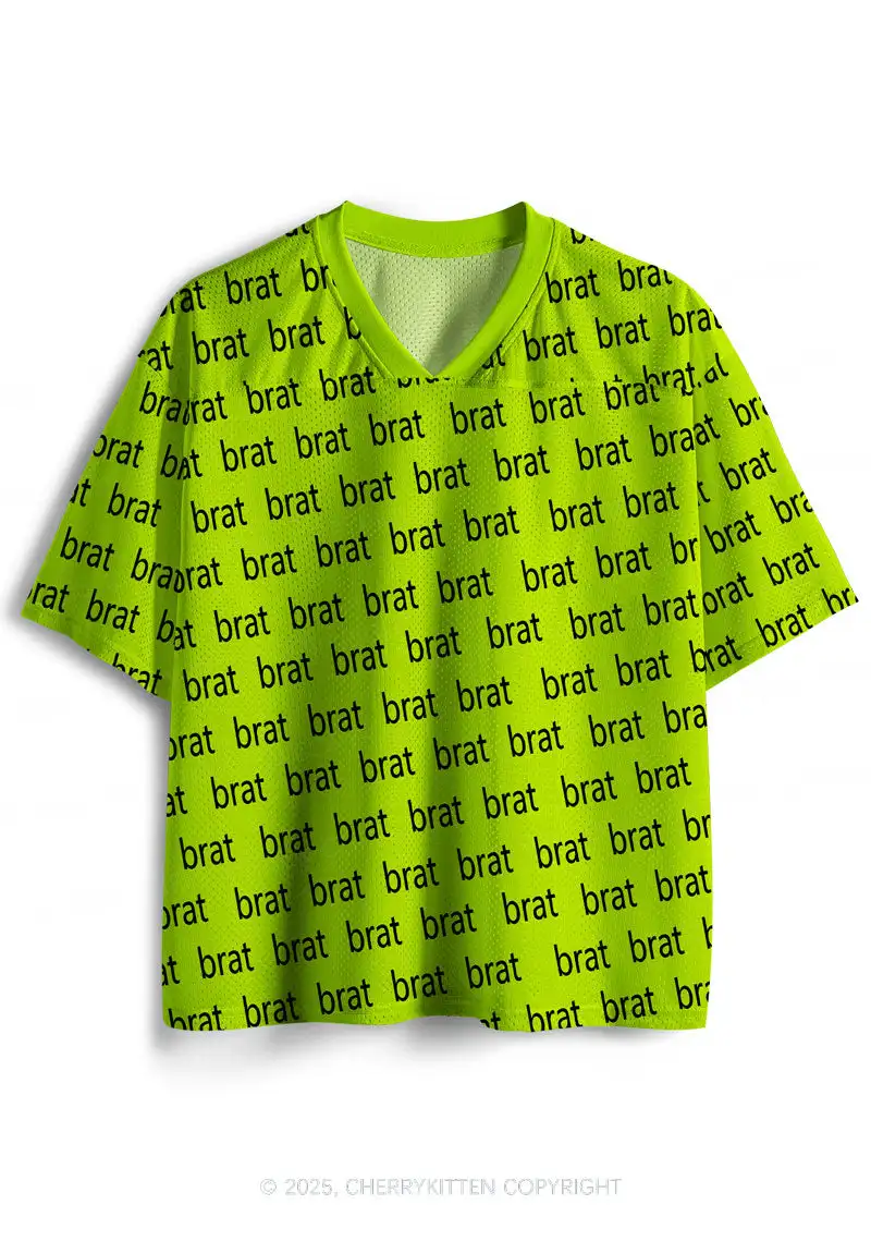 Fluorescent Green Brat Full Print V-neck Mesh Jersey American Retro Loose Oversized Short Sleeved T-shirt
