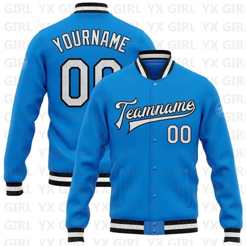 Custom Electric Blue White-Black Bomber Full-Snap Varsity Letterman Jacket 3D Printed Baseball Button Jacket