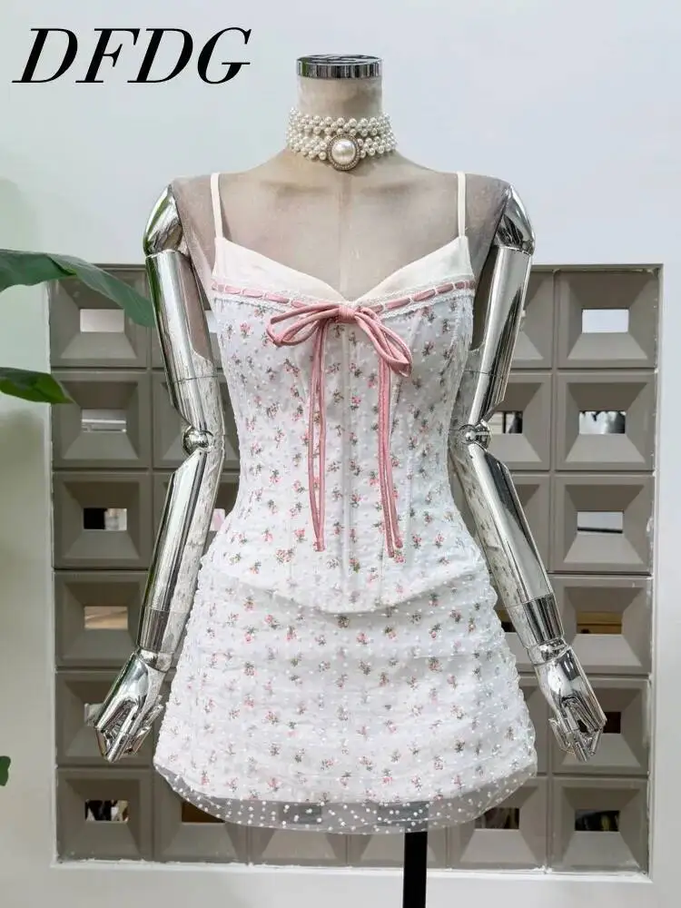 

DFDG Women 2026 Spring Summer Floral Corset Two Piece Set Spaghetti Strap Bow Detail Mesh Overlay Elegant Casual Outfit Set