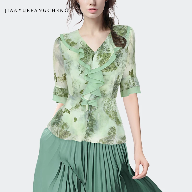 Fashion Womens Green Printed Blouse Chiffon Tulle Top 2024 Summer Short Sleeve Ruffles Tops Elegant Flowing Female Casual Shirts