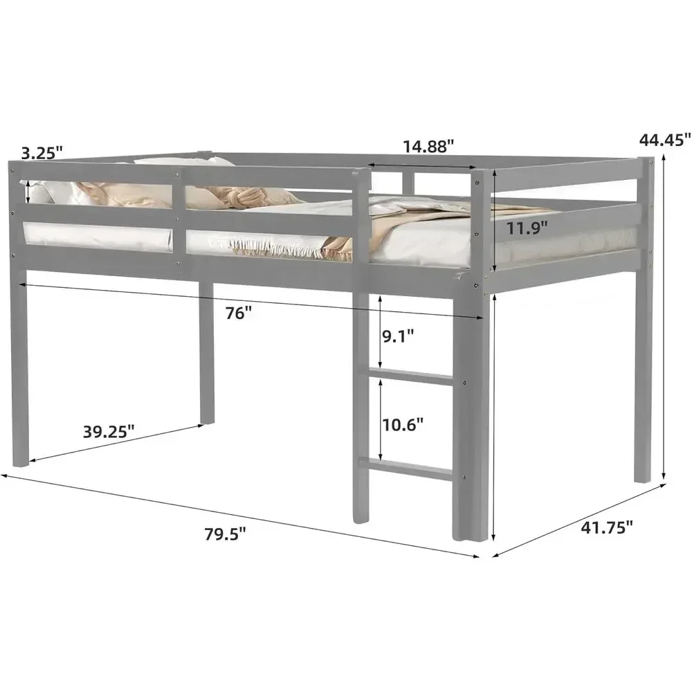 Twin Size Solid Wood Bed with Ladder and Guard Rails, Grey, No Box Spring Required, Easy Assembly for Kids