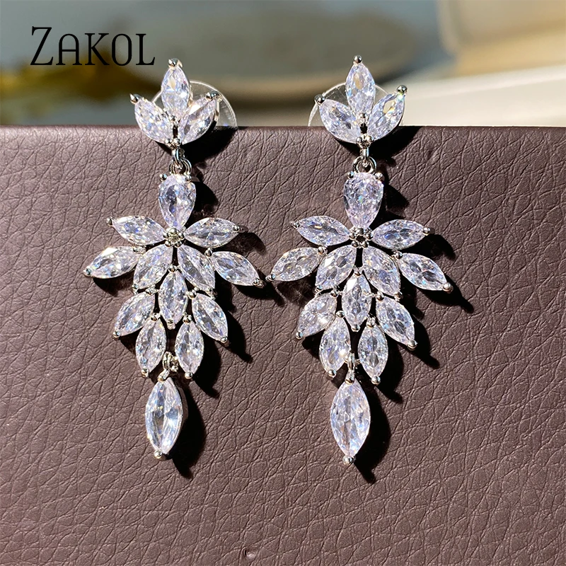 ZAKOL Korea Marquise Zircon Leaf Dangle Earrings for Women Fashion Bridal Wedding Party Jewelry Drop Shipping EP2168