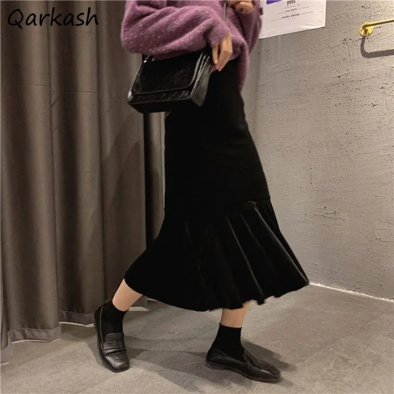 

Midi Skirts Women Pure Designed Trumpet Faldas Pleuche New Autumn Ruffles Gentle Soft Leisure Office Lady Temperament High Waist