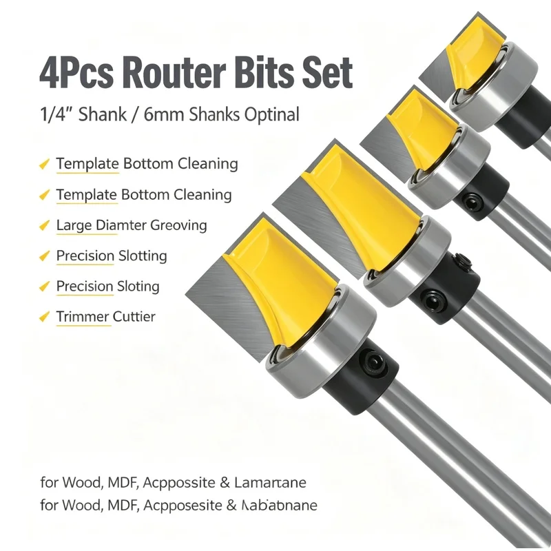 4Pcs Template Bottom Cleaning Router Bits, 1/4