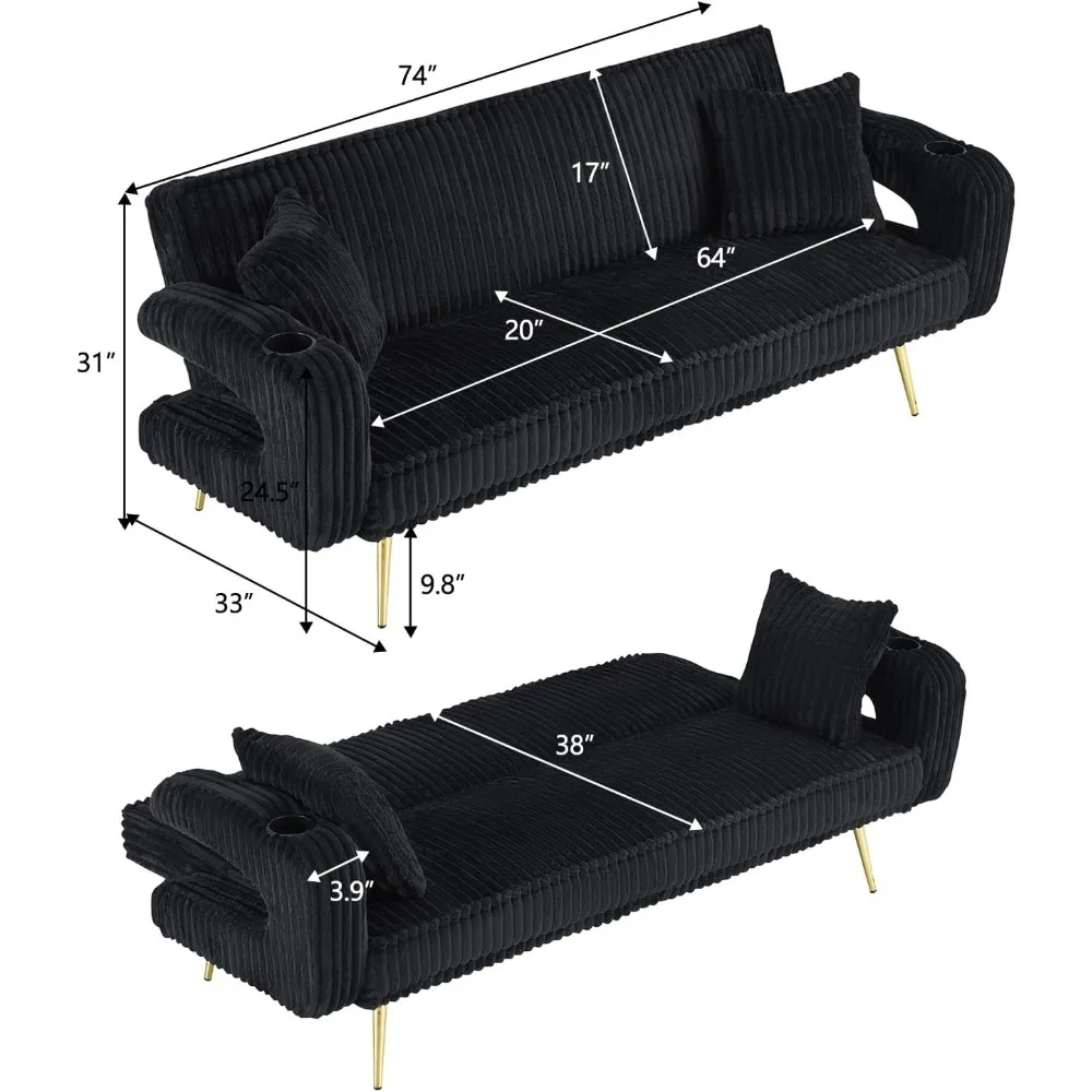 أريكة سرير قصيرة قابلة للتعديل بثلاثة أوضاع، أريكة نوم مقاس 74 بوصة مع وسائد، أثاث غرفة معيشة بسيط للمساحات الصغيرة