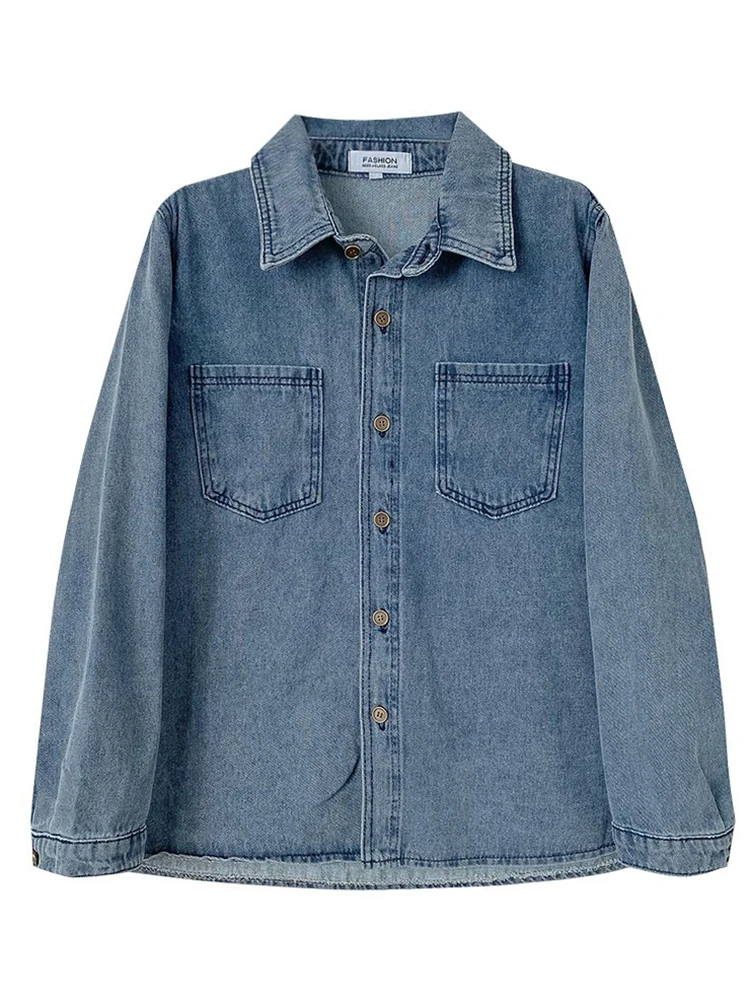 Vintage Denim Blouses Turn Down Collar Single Breasted Loose Cardigans BF Style Simple Long Sleeve Pocket Jean Shirt Tops