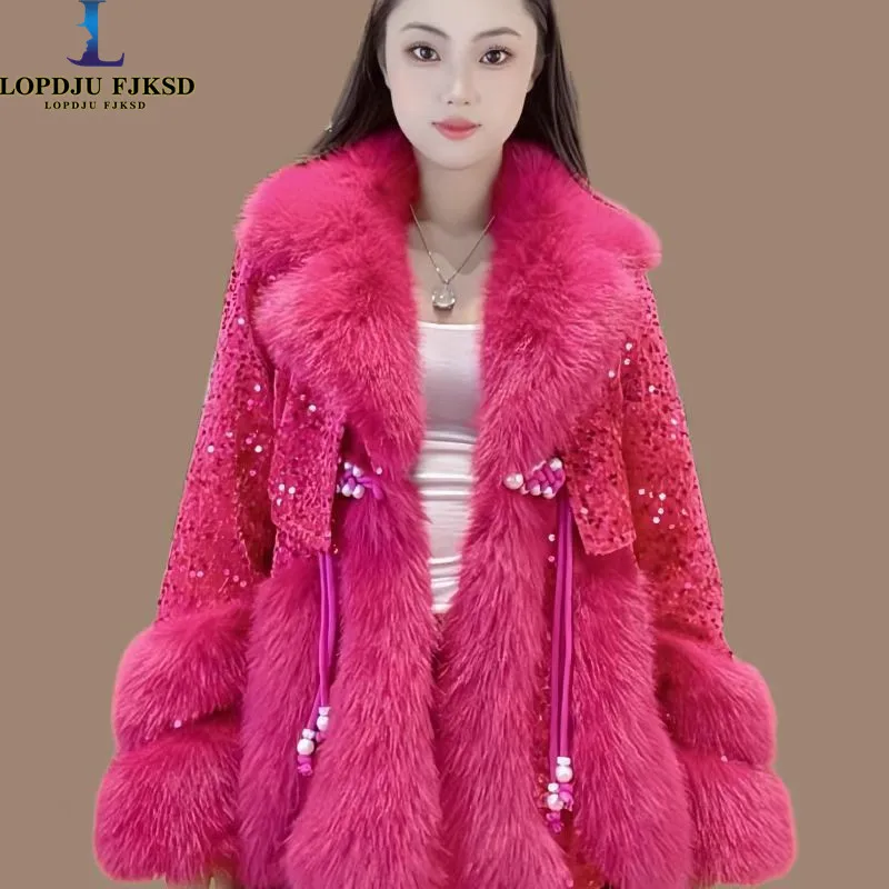 Faux Fur Coat for Women,Turn-down Collar Jacket,Spliced Overcoat,Female Clothes,Luxury,Sequins,New,Winter,2025