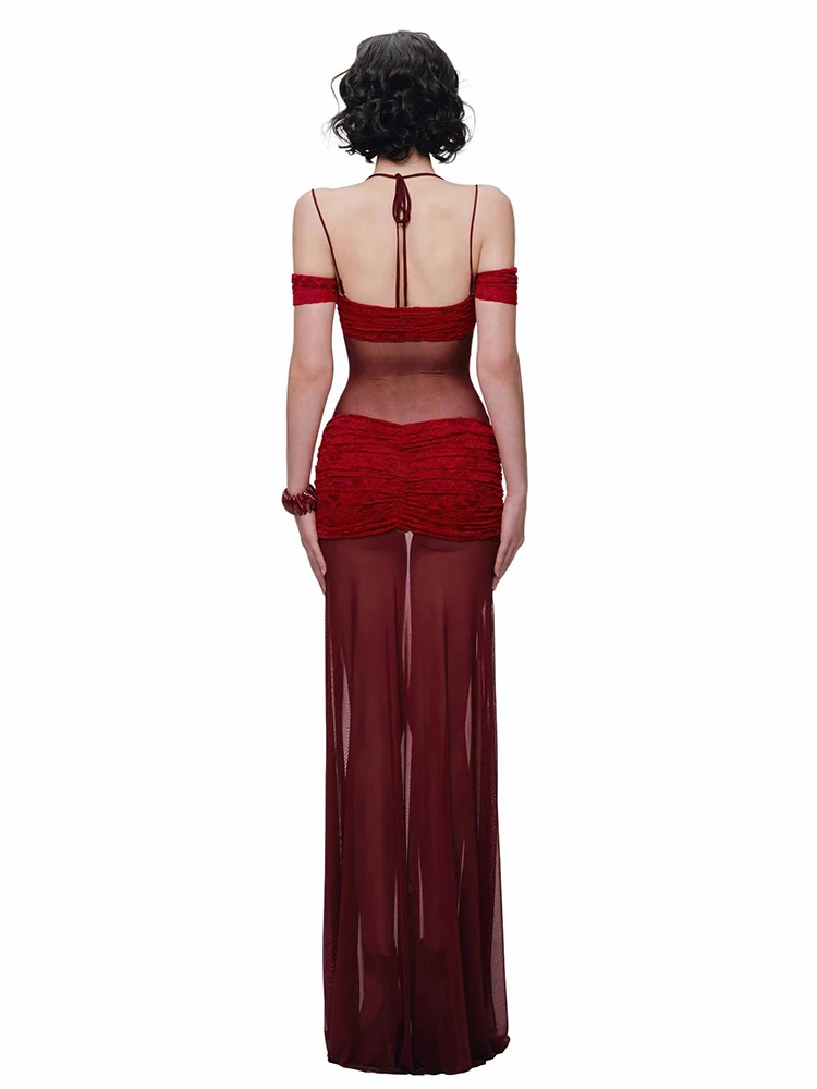Sisterlinda Backless See Through Dress Women Sexy Halter Bandage Patchwork Sleeveless Slit Hem Slash Neck Fashion Party Vestidos