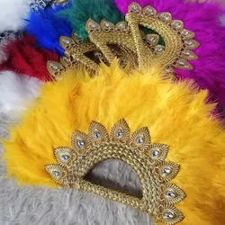 Abanico de plumas azules africanas de gran tamaño para mujer, abanico de plumas de boda para novia, pluma de doble cara, abanico de mano de baile de piedras nigerianas