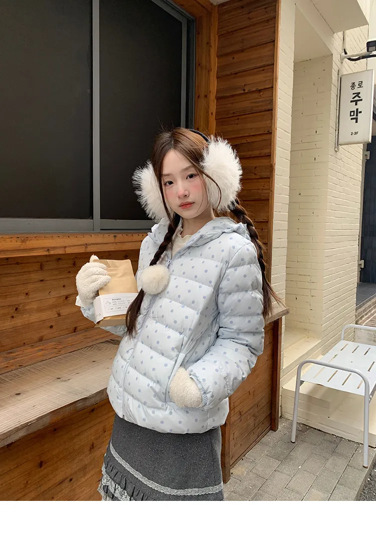 Korean Cropped Polka Dot Hooded Cotton-padded Jacket Women Zip Up Casual Winter Warm Outerwear Woman Sweet Cute Puffer Jackets