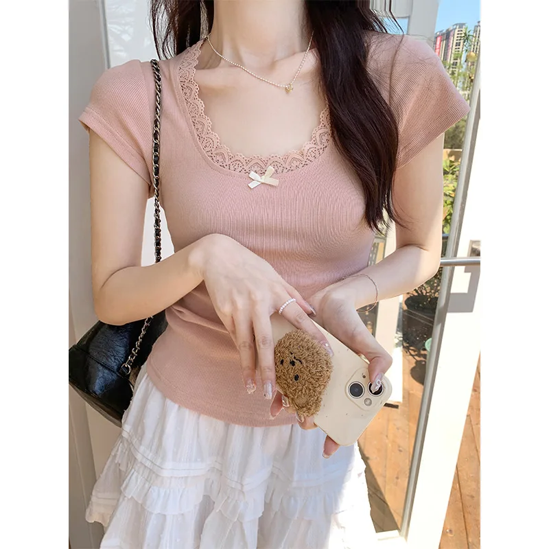 Korean Style Chic Lace V-neck Short Sleeve T-shirts Women 2024 Summer Bow Slim Short Tops Ladies Sexy Sheathy Tee Shirts