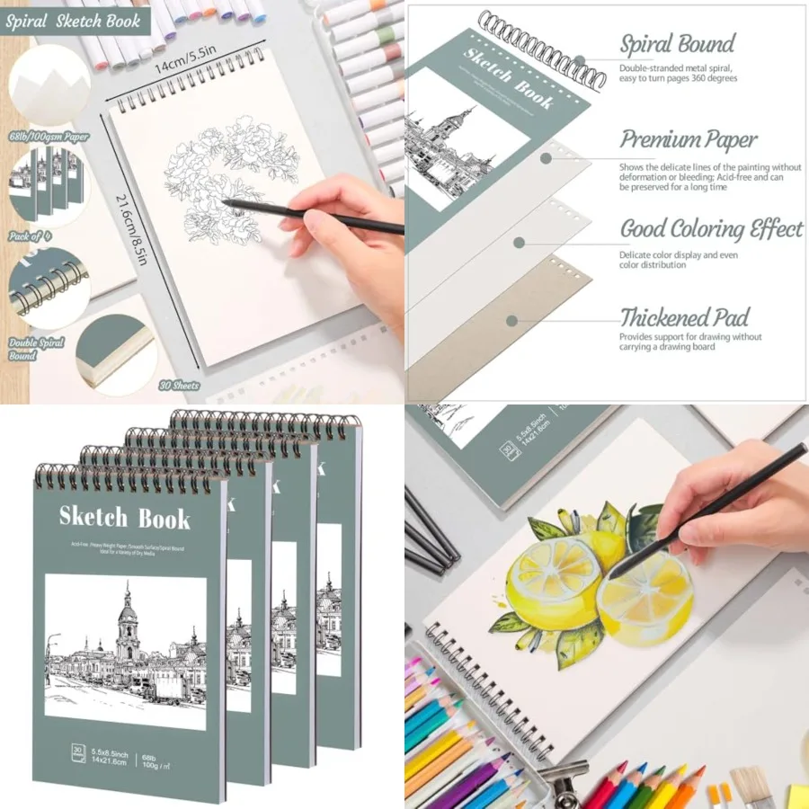 4 Pack Small Sketch Books, 5.5 x 8.5 Inch Mini Sketchbook, 68lb/100gsm Spiral Bound Small Sketch Pad, Acid Free Art Supplies Dr